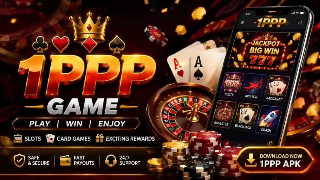 1PPP Game article banner showing a player enjoying online casino games on a mobile phone with a premium 3D gaming design.