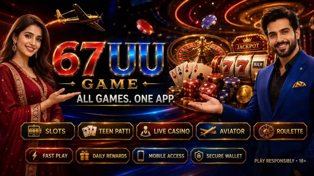 67UU Game casino banner with slots Teen Patti Aviator and roulette