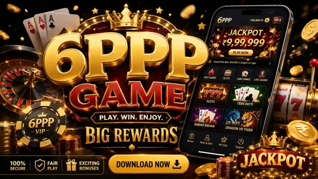 6PPP Game review banner featuring casino games, jackpot visuals, poker chips and a mobile gaming app.