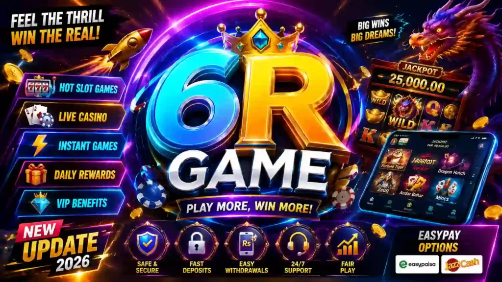 6R Game review banner featuring latest slot games, casino updates, welcome rewards and APK download