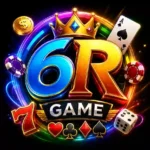 6R Game premium casino logo with gold crown, poker chips, playing cards and colorful gaming design