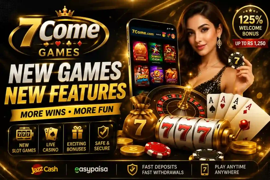 7Come Games review showing new slot games casino updates welcome bonus and latest features for Pakistani players