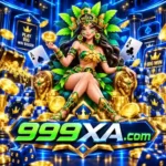 999XA Game logo featuring a casino queen, gold coins, green feather crown and blue neon background