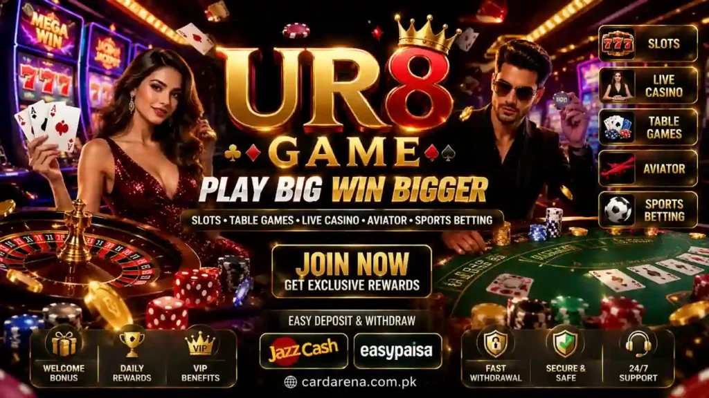 UR8 Game casino banner showing slots table games live casino aviator poker roulette JazzCash Easypaisa and premium gaming features