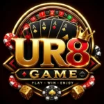 UR8 Game casino style logo with gold letters roulette wheel poker cards chips and dice