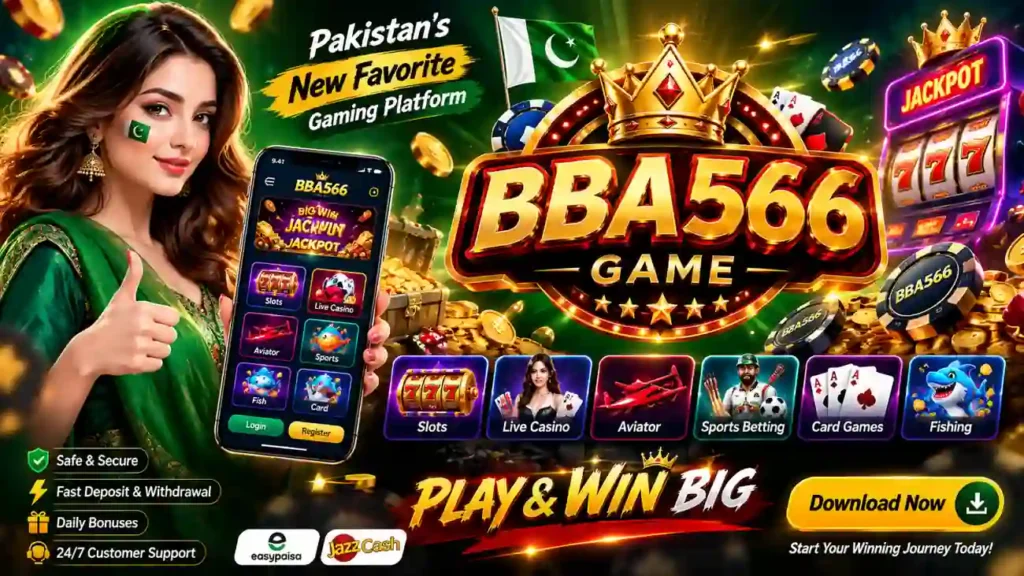 BBA566 Game review banner showing casino games slot games welcome bonus and APK download