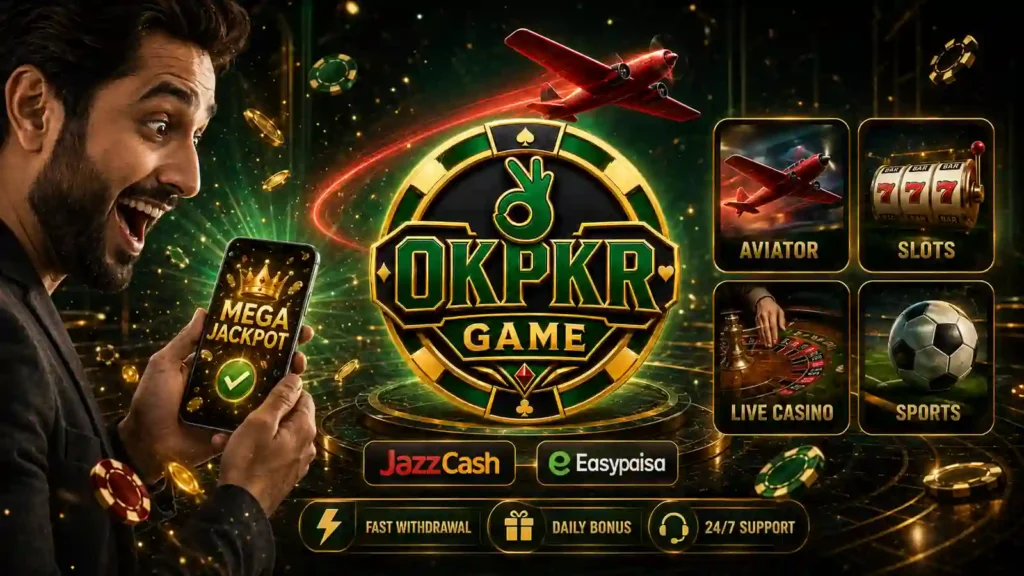 OKPKR Game banner with Mega Jackpot JazzCash Easypaisa and casino games
