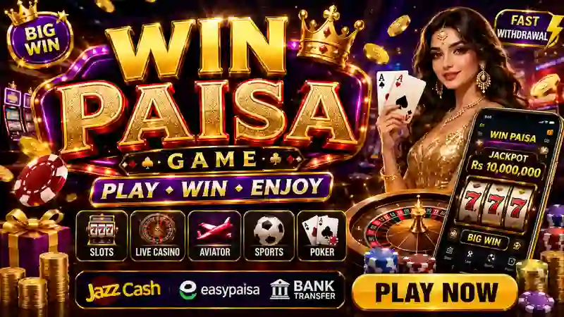 Win Paisa Game banner showing slots casino sports poker and payment options