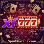 XF 777 casino slot machine logo with gold playing cards, poker chips, and crown design for Spinkhazana.com