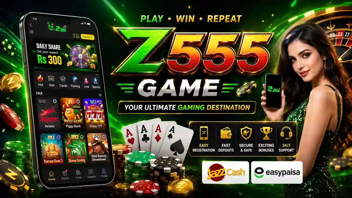 Z555 Game banner with jackpot slots roulette cards and casino games