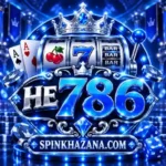 HE786 blue casino logo with slot machine cards and crown