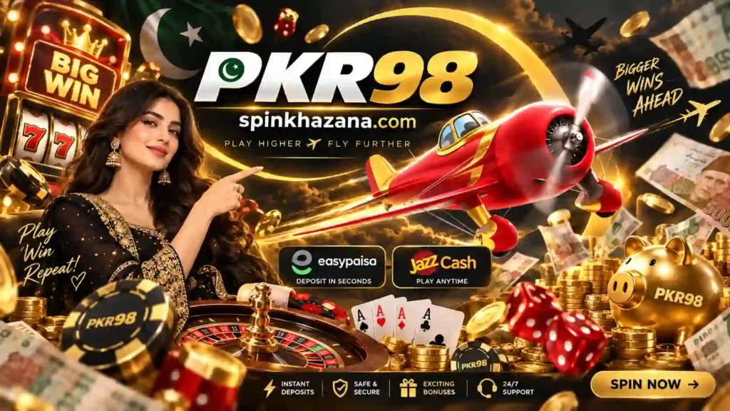 PKR98 Game Pakistan banner with Aviator, roulette, JazzCash and Easypaisa