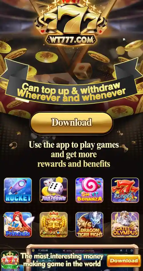 WT777 game download banner showing the 777 logo, download button, gold coins, and game icons